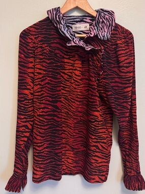 Kenzo Red & Black Tiger-Print Long Sleeve Blouse with Pink Zebra Collar